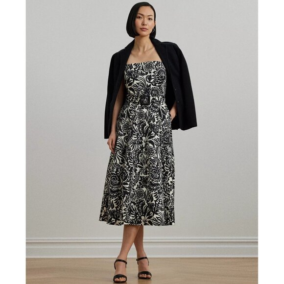 325$ Lauren Ralph Lauren Floral Belted Faille Cocktail Dress Size 4 Black Ivory - Picture 1 of 4